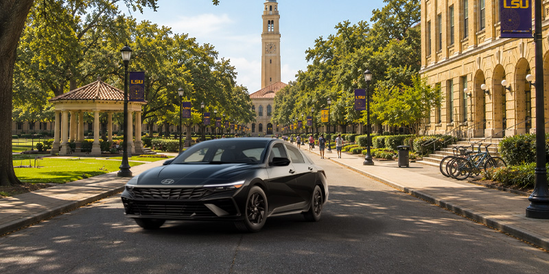 A black Hyundai Elantra compact sedan parked on a tree-lined campus road.