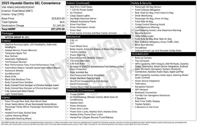 2025 Hyundai ELANTRA SEL Convenience